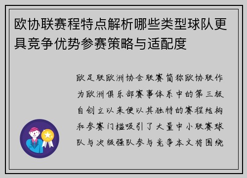 欧协联赛程特点解析哪些类型球队更具竞争优势参赛策略与适配度