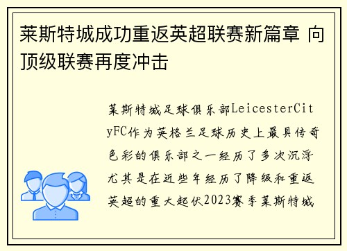 莱斯特城成功重返英超联赛新篇章 向顶级联赛再度冲击